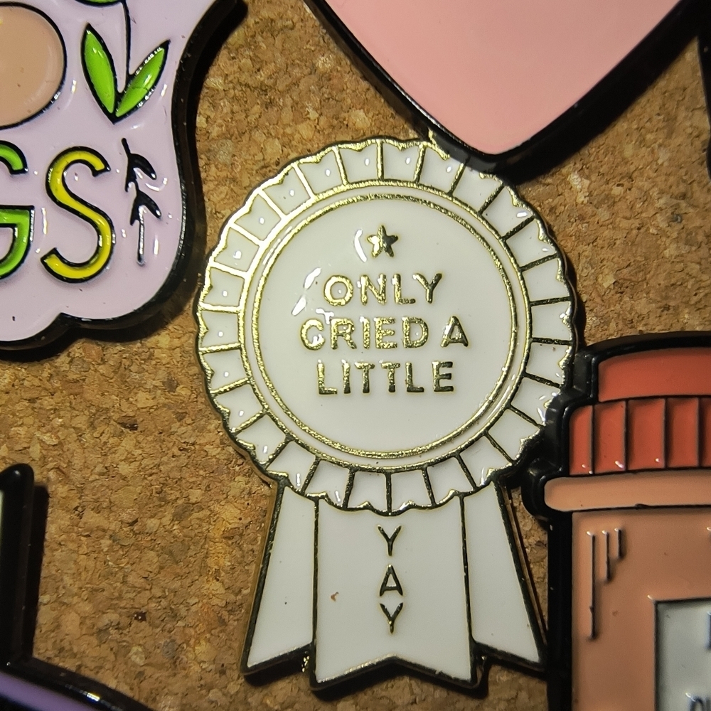 White Enamel Ribbon Pin - "Only Cried A Little"